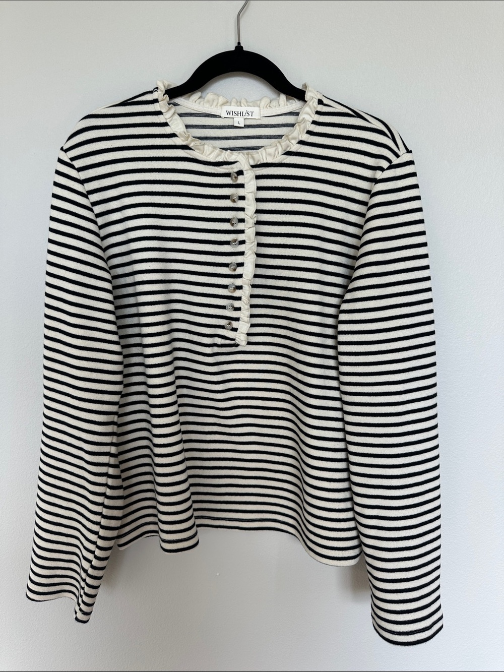Wishlist Black & White Striped Ruffle-Neck Shirt/Pullover Polo